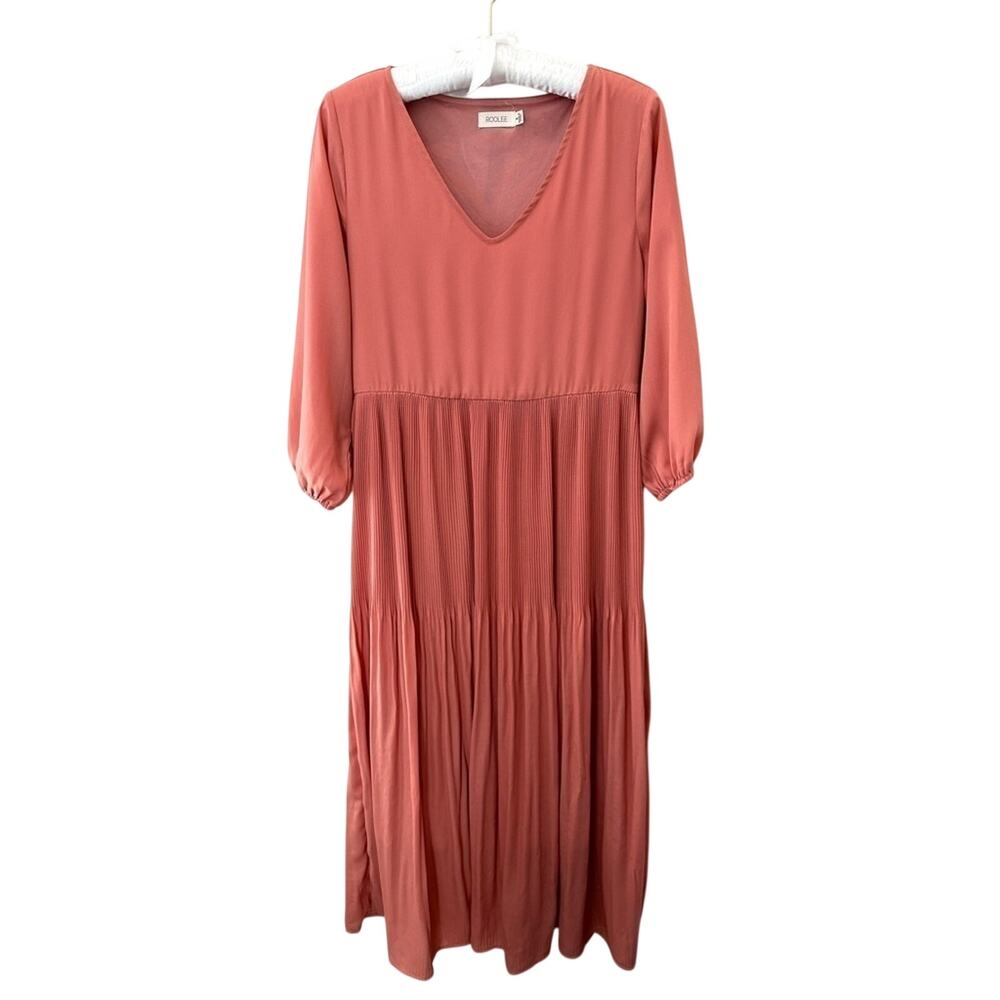 ROOLEE Dusty Rose Pink Pleated Tiered Midi Dress Boho Cottagecore | Small
